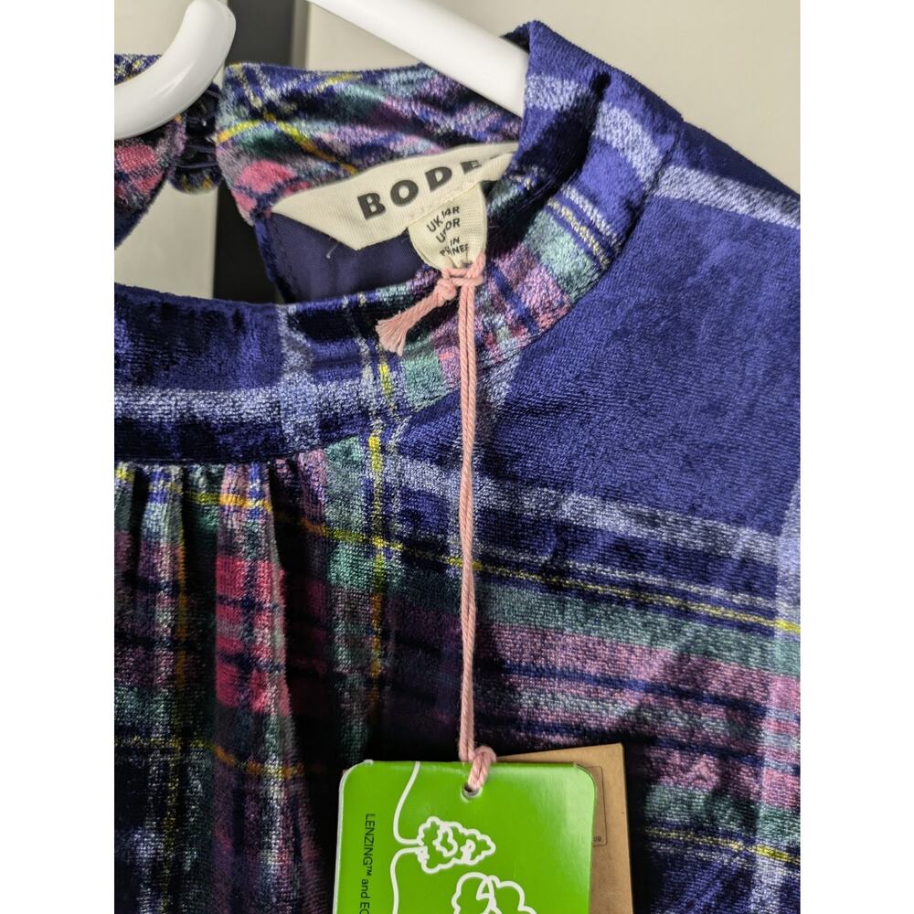 Boden Velvet High Neck Dress Short Puff Sleeve Blue Colorful Plaid - Picture 4 of 10